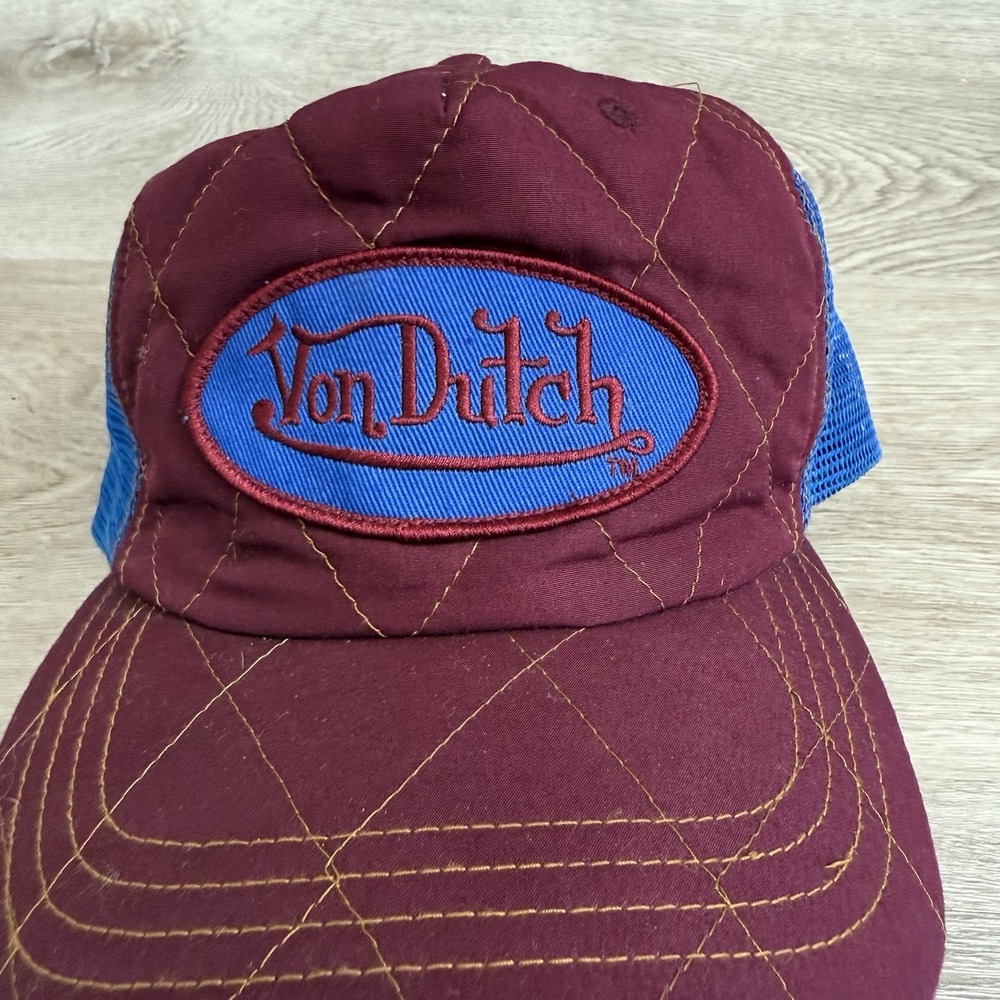 Vintage 90s Y2K Von Dutch Burgundy Blue Logo Mesh Quilted Trucker Snapback Hat